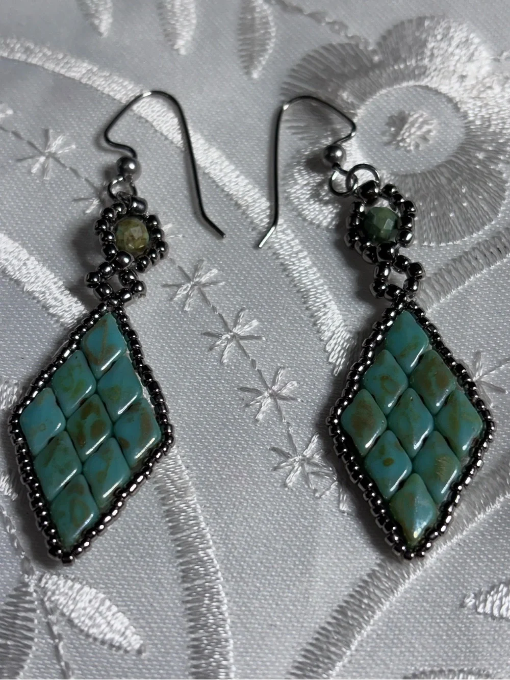 Turquoise Green Beaded and SuperDuo Diamond Drop Earrings 2.5 inches